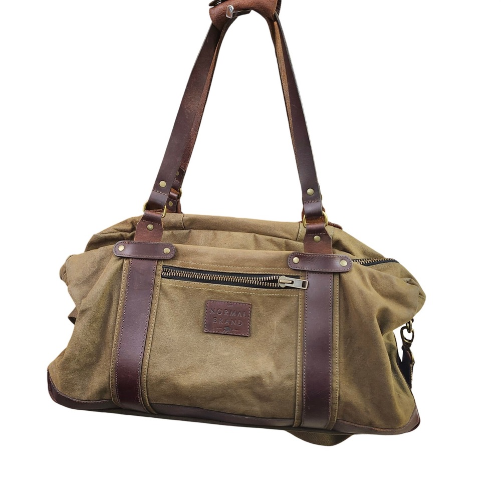 The Normal Brand Waxed Canvas Leather Duffel Bag Olive Green Weekender Travel